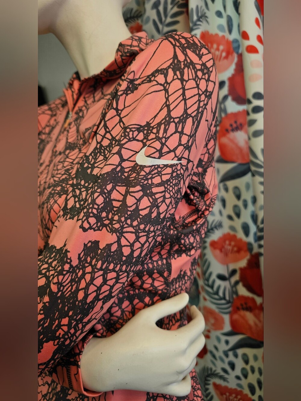 Nike Pro Coral Pink Zip-Front Long Sleeve Top with Black Abstract Print